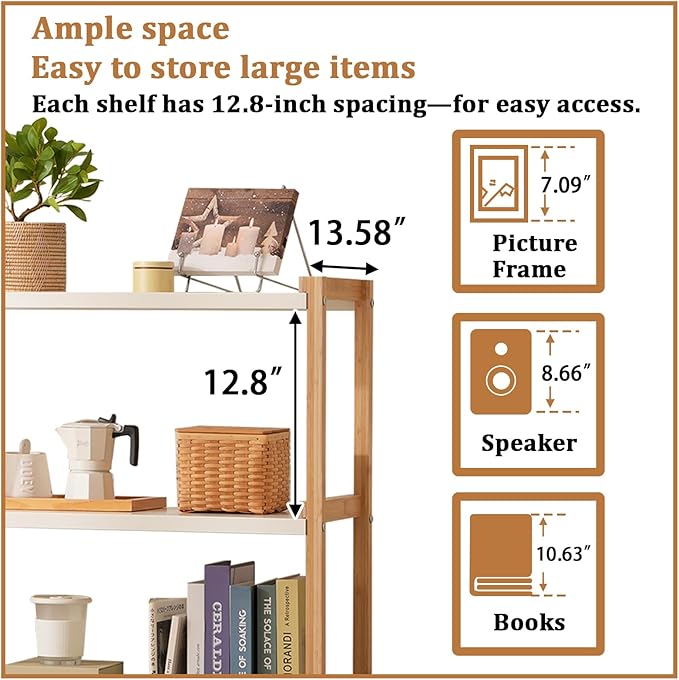 Open Shelf Bookcase - 4-Tier Floor Standing Display Bookshelf Multifunctional Display Stand for Home and Office White Shelf Bamboo