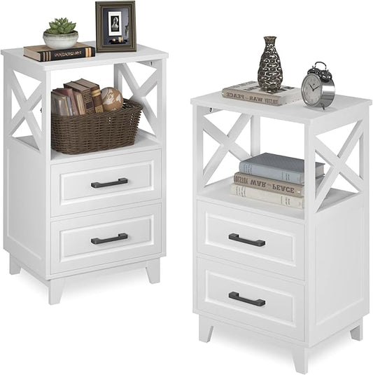 White Nightstand Set of 2, Tall Side Table, Farmhouse End Table with 2 Large Storage Drawers Cabinet, Wooden Rustic Bedside End Table for Bedroom, Home Office, White
