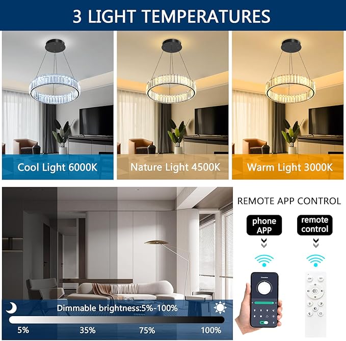 8'' Modern Ring Chandelier Crystal Chandeliers for Dining Room Round LED Dimmable Ceiling Light Fixture for Living Room Bedroom Lighting Black