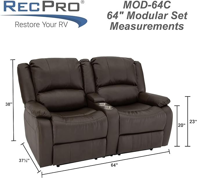 RecPro Charles 64" Powered Recliner RV Sofa with Console and Cupholders | Zero Wall Loveseat for Camper | Wall Hugger Couch with 2023 Updated Fabric (Chestnut)