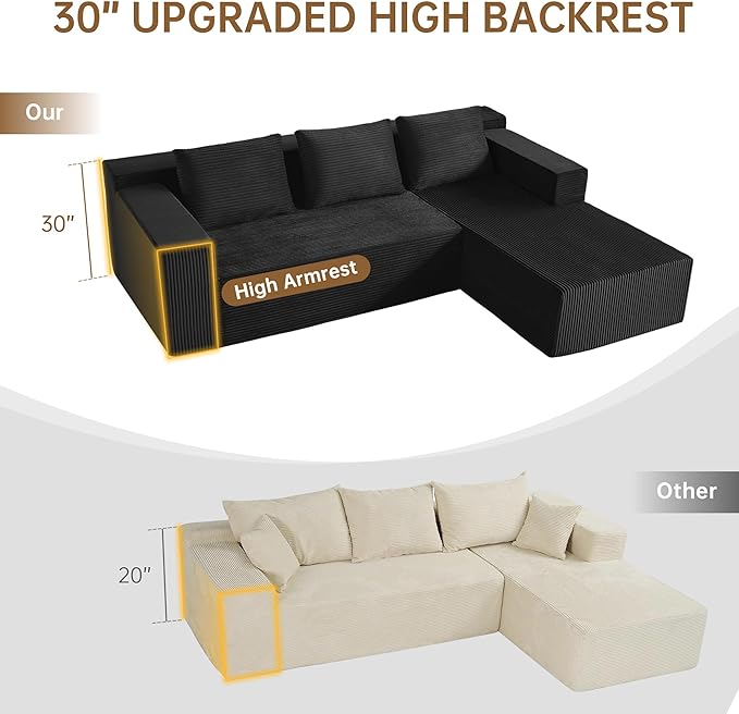 Nigoone 103" Cloud Sectional Sofa, Boneless L-Shape Couch with Chaise, Modern Minimalist Modular Couch for Living Room, Free Combination, Deep Seat, No Assembly Required, Premium Corduroy, Black, R