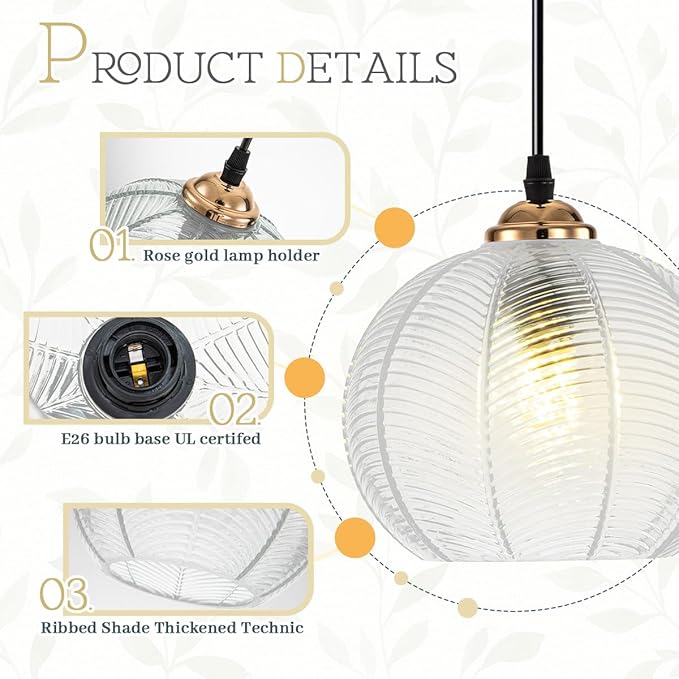 Plug in Pendant Light, Hanging Lights with Plug in Cord On/Off Switch, 14.75ft Plug in Hanging lamp Modern Pendant Light Clear Glass Globe Pendant Lighting for Kitchen Island Bedroom Dining Room