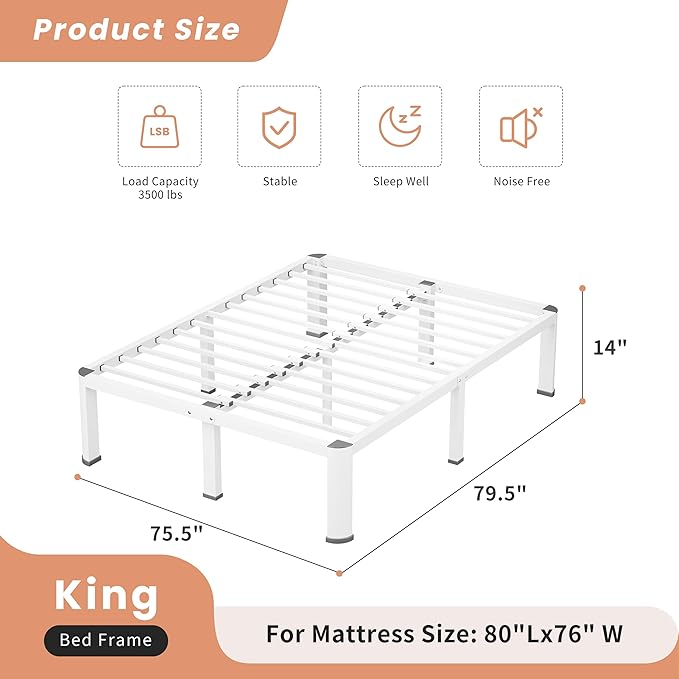 14 Inch White King Heavy Duty 3500 lbs Bed Frame with Round-Corner Legs & Anti-Squeak Design – Quick Assembly Metal Platform, No Box Spring Needed