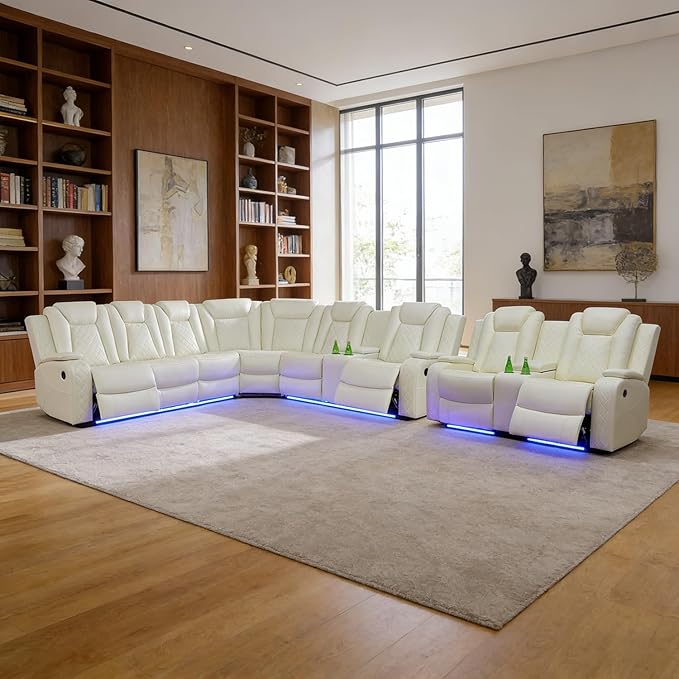 Power Recliner Sectional Sofa Set, Creamy Leather Sectional Couch and Loveseat for Living Room, L Shape Reclining Sofa with Cup Holder, Hidden Storage, Coffee Table for House(8 Seat)