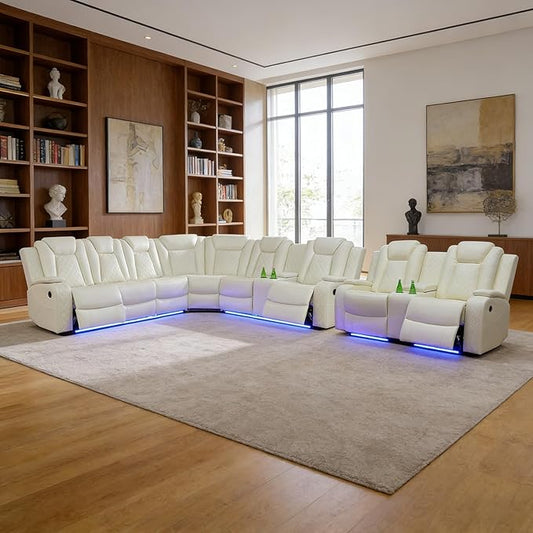 Power Recliner Sectional Sofa Set, Creamy Leather Sectional Couch and Loveseat for Living Room, L Shape Reclining Sofa with Cup Holder, Hidden Storage, Coffee Table for House(8 Seat)