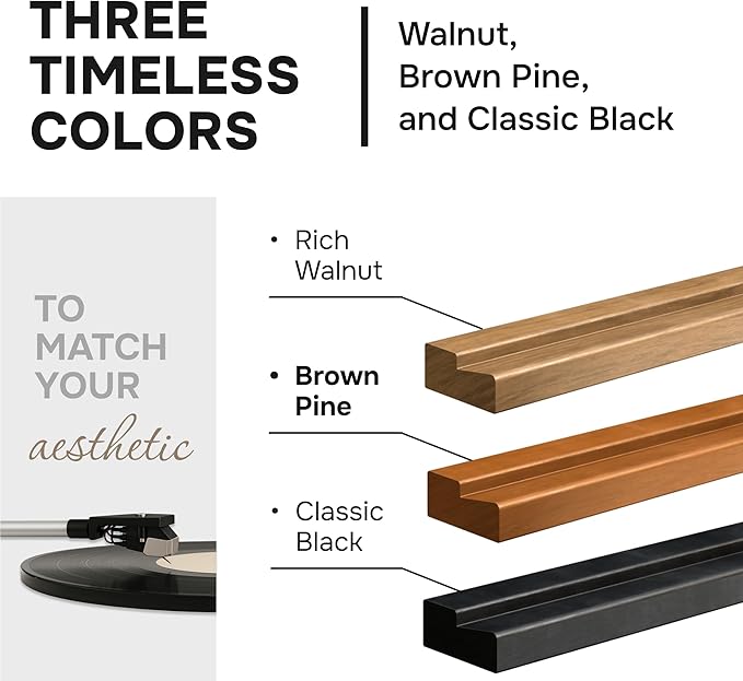 VOL-KI 4-Pack Vinyl Record Shelf Wall Mount – Solid NZ Pine Wood Floating Vinyl Display Shelf & Record Holder, Includes Now Playing Display, Marking Strip & Mini Level (Brown Pine)