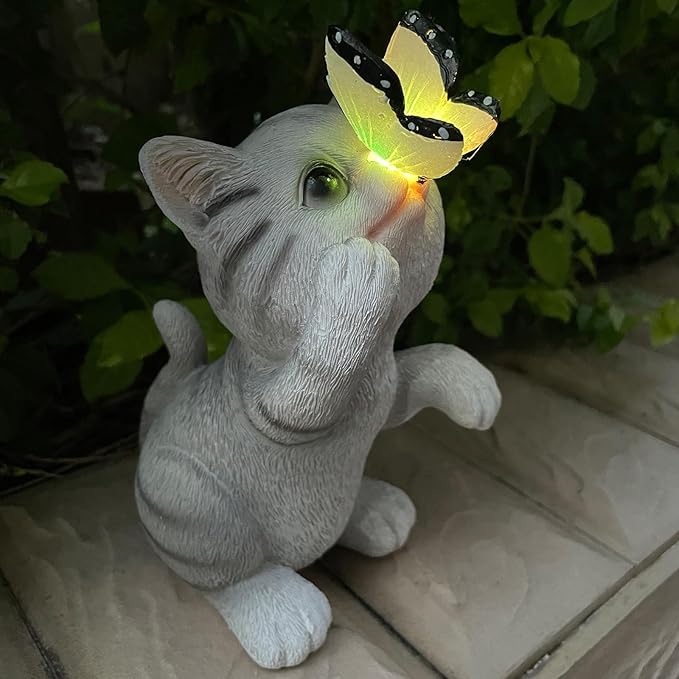 Solar Cat Outdoor Figurines Garden Decor with Butterfly Light for Lawn Ornaments Porch Patio Balcony Yard Decorations Outdoor Birthday Gifts for Women Grandma Mother’s Day