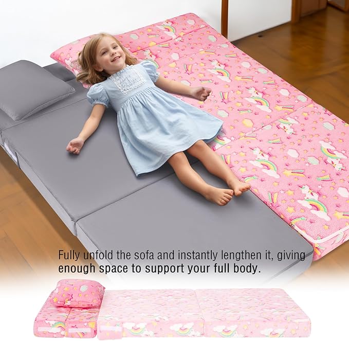 MeMoreCool Glow Tri-fold Sofa Bed for Kids, Folding Futon Mattress and Chair, Foldable Floor Couch for Playroom and Trifold Mattress for Sitting
