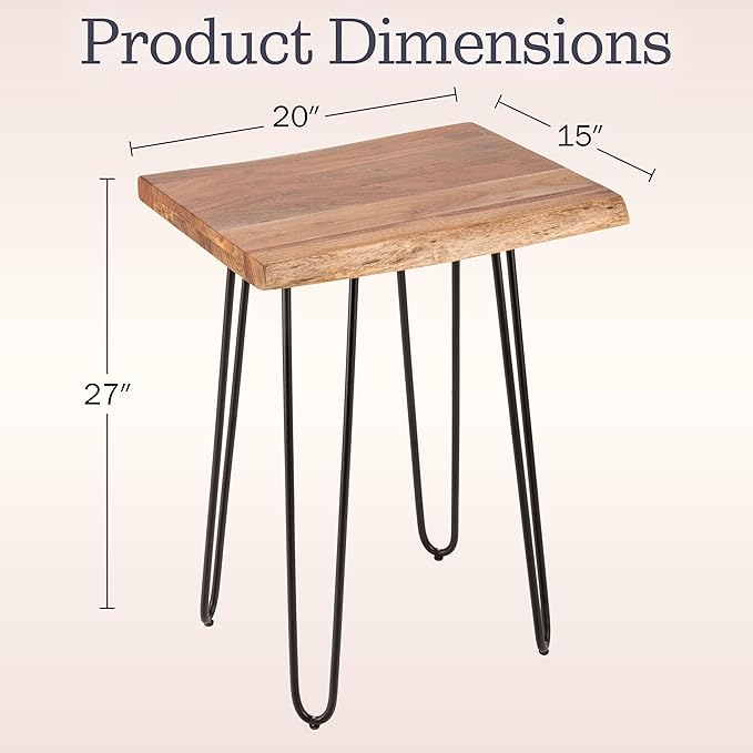 Alaterre Furniture Live Edge Wood End Table with Hairpin Metal Legs – Mid Century Modern Living Room Table with Acacia Wood Top (20 Inch)