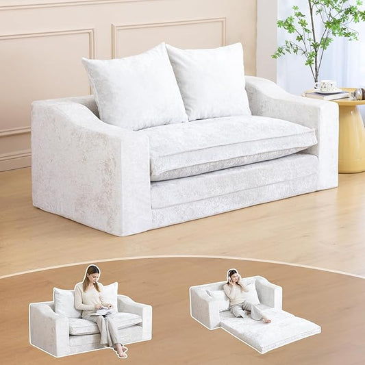 61" Convertible Sofa Bed Loveseat, Memory Foam Boneless Floor Couch with Removable Plush Velvet Cover, Tri-folding Compact Full-size Sleeper for Small Living Room, Playroom, Guest Room, RV (Off White) | Convertible Sofa Bed, Premium Memory Foam, Ergono...