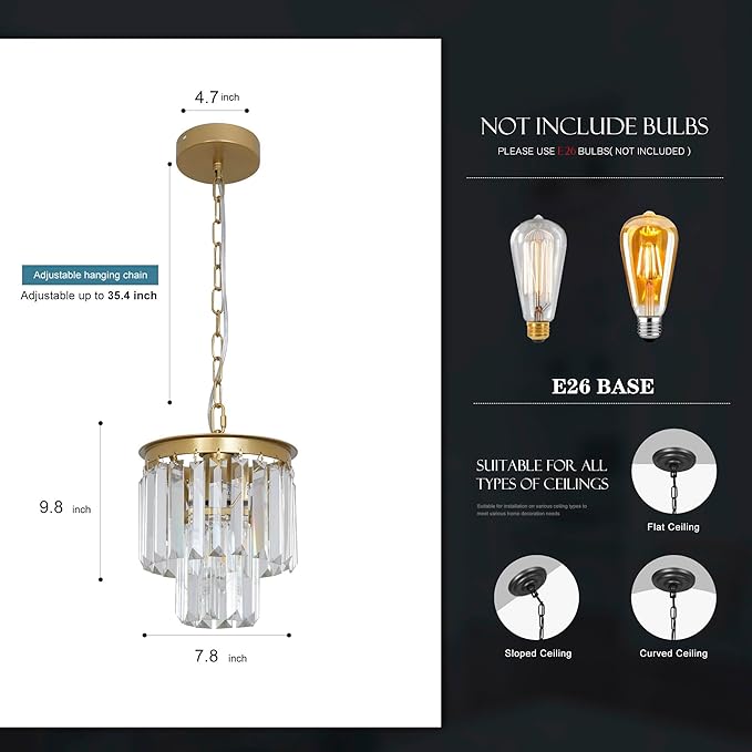 Small Gold Crystal Chandeliers for Kitchen Island Small Pendant Light Mini Contemporary Ceiling Pendant Light Fixture for Dining Room, Bedroom, Entryway 8 Inches