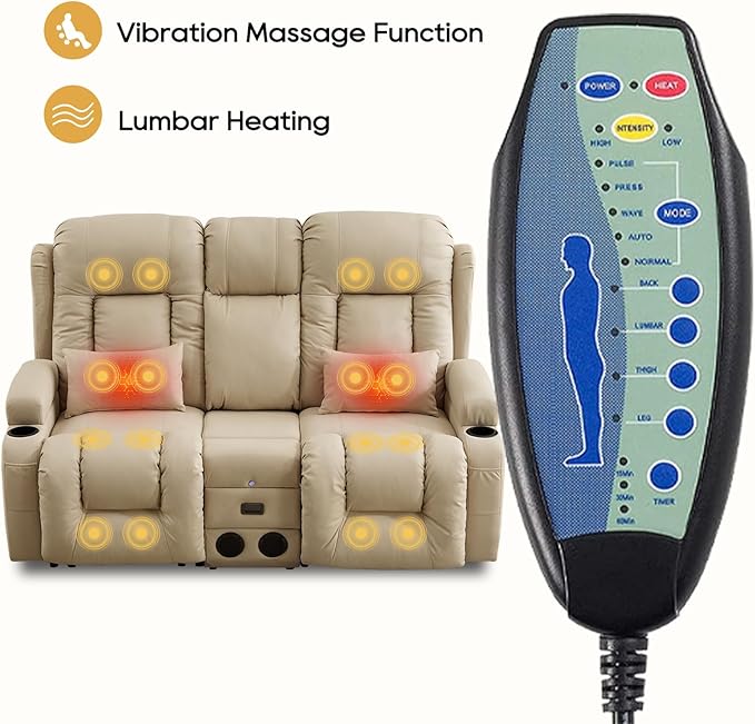 IPKIG Power Recliner Sofa with Flip-Up Backrest Console, USB & USB-C Ports, AC Outlet, LED Lights, Wall Hugger Recliners for Living Room, RV (Beige, 67" - 3 Seat) | Leathaire Fabric, Zero Gravity, Dual Reclining, 2 Lumabr Pillow, Bluetooth Speakers