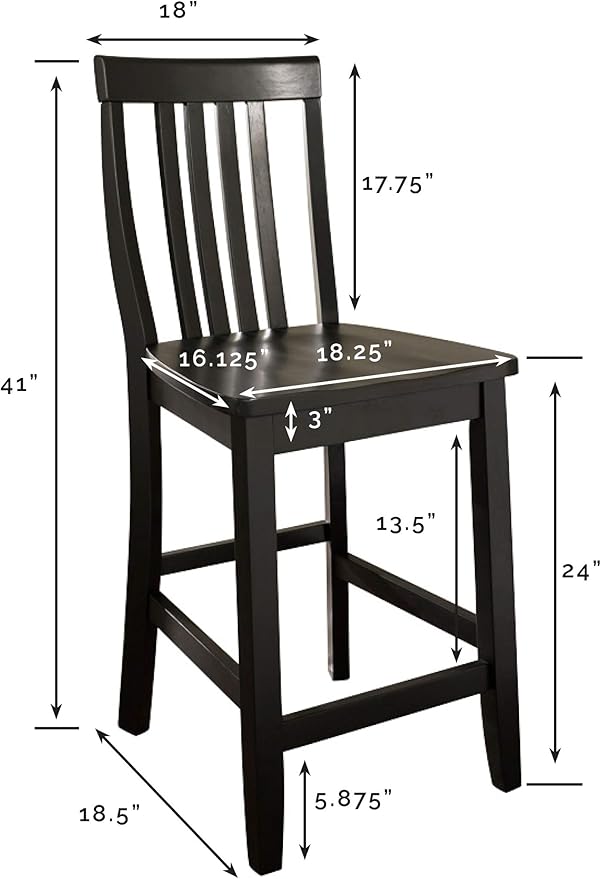 Crosley Furniture School House Wood Slat Back Counter Height Bar Stools Set of 2, Black, 24-inch