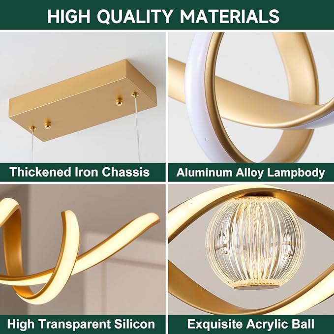 LED Modern Chandeliers for Dining Room, 39in Dimmable Gold Chandelier Kitchen Pendant Lighting Over Island, Linear Wave Spiral Pendant Light Fixtures Dining Room Lights Ceiling Hanging, 36W