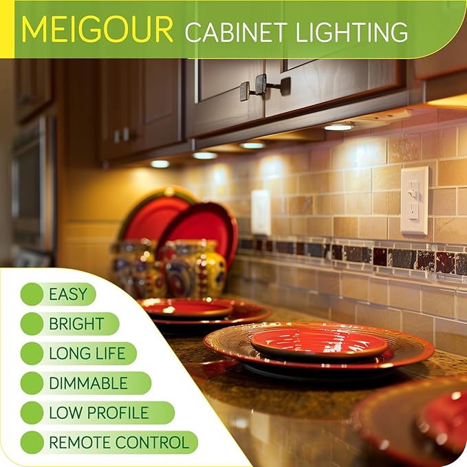 Closet Cupboard Bar Uplight Downlight Fixture, LED Under Cabinet Puck Lighting KIt, in Series Linkable, Smart Remote Control Dimmable, 120 Volt Wall Plug-in, 6 Lights, Warm White