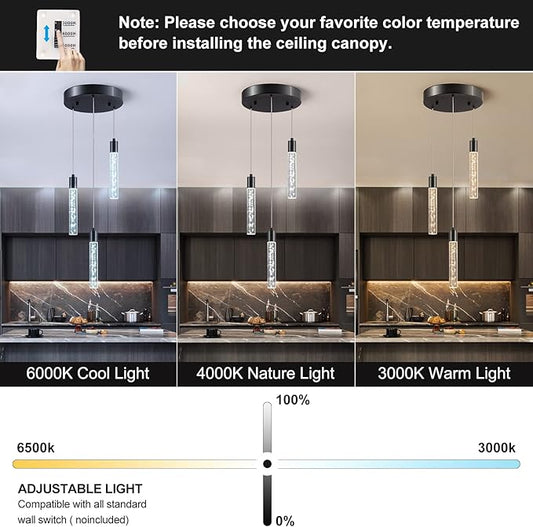 3 Black Pendant Lights Kitchen Island Modern with Adjustable Height - Clear Cylinder Island Lights, 3000-6000K Dimmable Kitchen Pendant Lighting for, Dining Room, Bar Counter