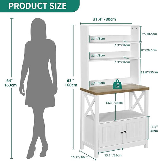 YITAHOME White Microwave Stand Bakers Rack Cabinet, Farmhouse Freestanding Small Kitchen Pantry Hutch Tall w Door Power Outlet Thickened Counter, Coffee Bar Storage Shelves