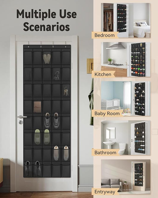 dodowin Over the Door Shoe Organizers, 2 Pack - 40 Deep Mesh Pockets Each, Over The Door Shoe Rack with 4 Metal Hooks Each, Space Saving Hanging Storage Holder for Closets, Shoes & Accessories, Black
