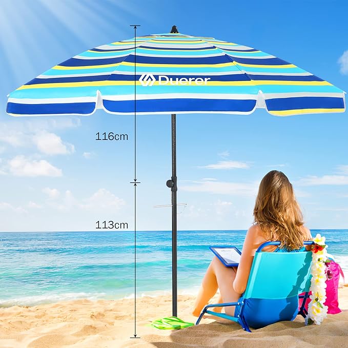 Duerer Beach Umbrellas, 7.5FT Beach Umbrella for Sand with Anchor Heavy Duty Windproof, Height Adjustable Tilt Iron Pole, Portable Beach Umbrella with Carrying Bag for Beach, Patio Garden Outdoor