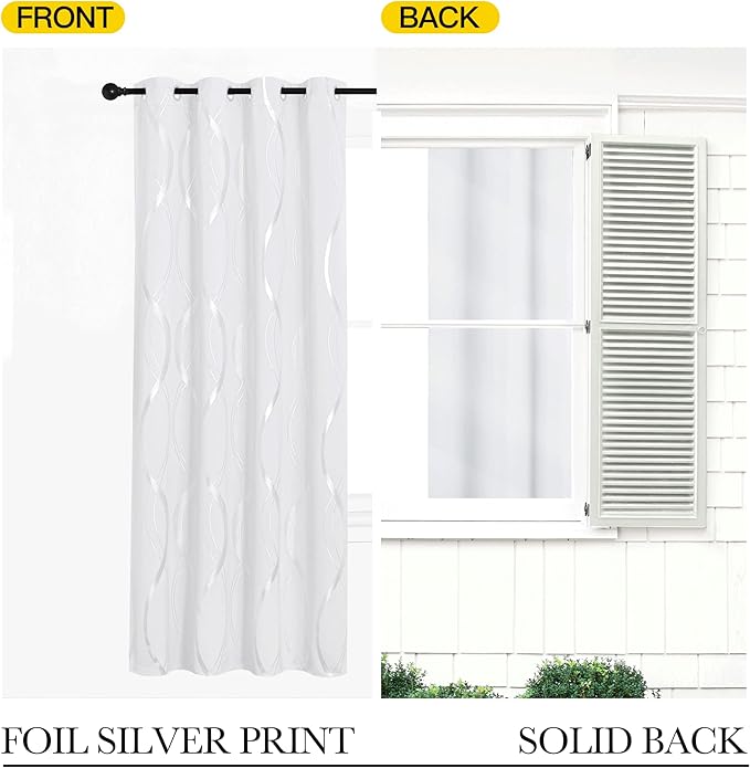 NICETOWN White Curtains Panels for Bedroom 2 Panles Set, 52 inch x 84 inch, Wave Line Foil Print Design Curtains for Patio Sliding Door