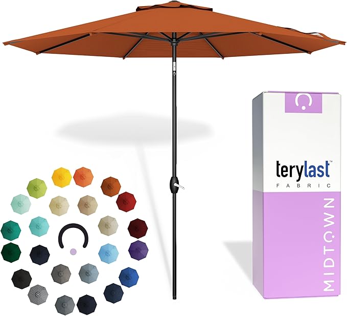 Midtown Umbrellas - 10-Year-No-Fade 6 Ft Patio Umbrella with Terylast Fabric, Auto-Tilt Aluminum Frame and 8 Reinforced Ribs for Deck, Pool, Garden & Beach - Terracotta Orange Canopy, Black Pole
