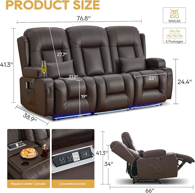 IPKIG Power Recliner Sofa with Flip-Up Backrest Console, USB & USB-C Ports, AC Outlet, LED Lights, Wall Hugger Recliners for Living Room, RV (Brown, 76.8" - 3 Seat) | Faux Leather, Zero Gravity, Dual Reclining, 2 Lumabr Pillow