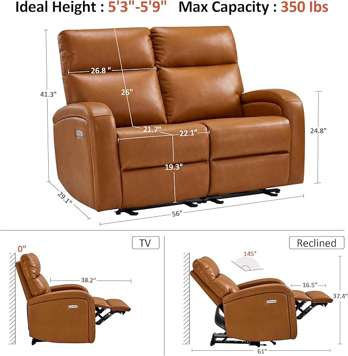MCombo Zero Wall Recliner Loveseat, 2-Seat Power Wall Hugger Sofa with USB & Type-C Dual Ports, for Small Space, Living Room, RV PR646 (Cognac Brown, Loveseat)
