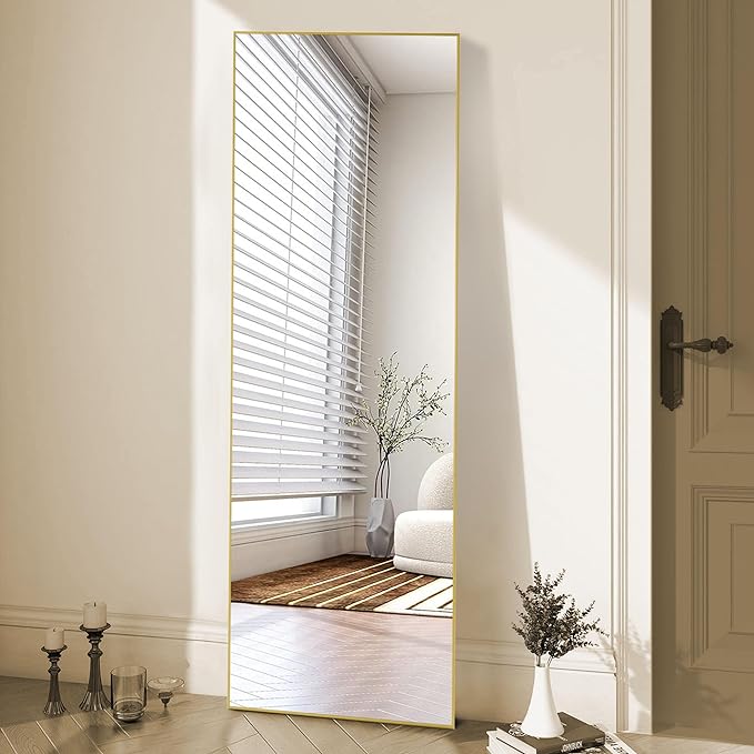 OLIXIS Full Length Mirror for Bedroom, 68"x26" Full Body Mirror with Stand, Hanging or Leaning for Wall, Aluminum Alloy Thin Frame Floor Standing for Living Room, Long, Gold