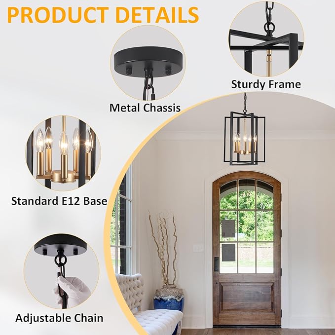 Black and Gold Modern Farmhouse Chandeliers for Dining Room, 5-Light Pendant Light Fixture Adjustable Industrical Entryway Light Fixture Hanging Chandelier for Kitchen Island Entryway Hallway Foyer