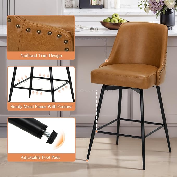 Bar Stools Set of 2, 26" Swivel Counter Height Chairs with Back,Thick Padded Seat & Footrest,Modern Faux Leather Barstool for Kitchen Island,Dining Room,Pub,Brown
