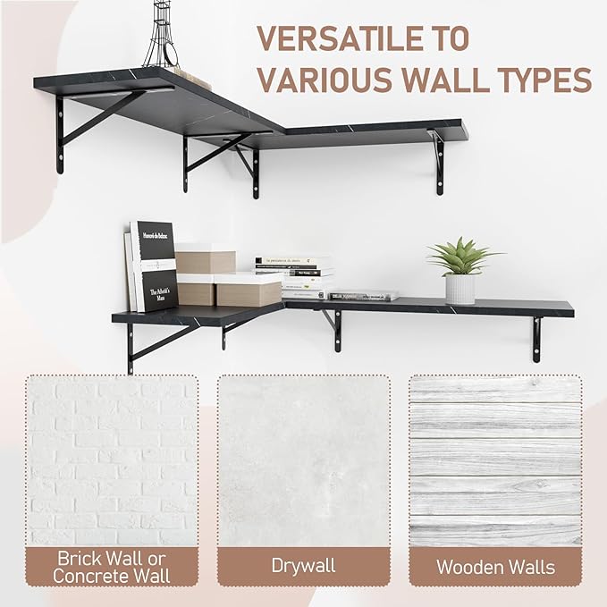 Kaboon 45 inch Long 10 inch Deep Floating Shelves for Wall Set of 2, Large Open Shelves Wall Mounted, Space Saving Home and Commercial Use, Cloud Atlas/Black Marble