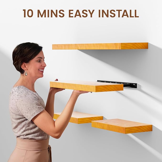Heimlove 24 Inch Floating Shelves for Wall Brown Shelves Set of 2,Wall Mounted Rustic Wood 8 Inch Deep Floating Shelf with Invisible Brackets for Bedroom Kitchen Living Room