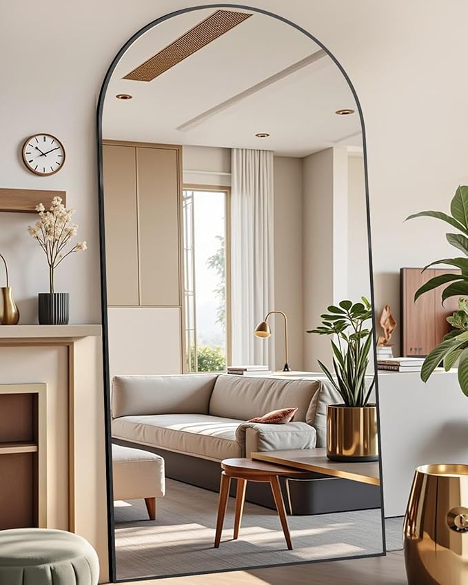 81"x41" Black Arched Full Length Mirror - Extra Large Floor/Wall Mounted, Shatterproof Glass & Aluminum Frame with Stand for Bedroom, Living Room, Entryway