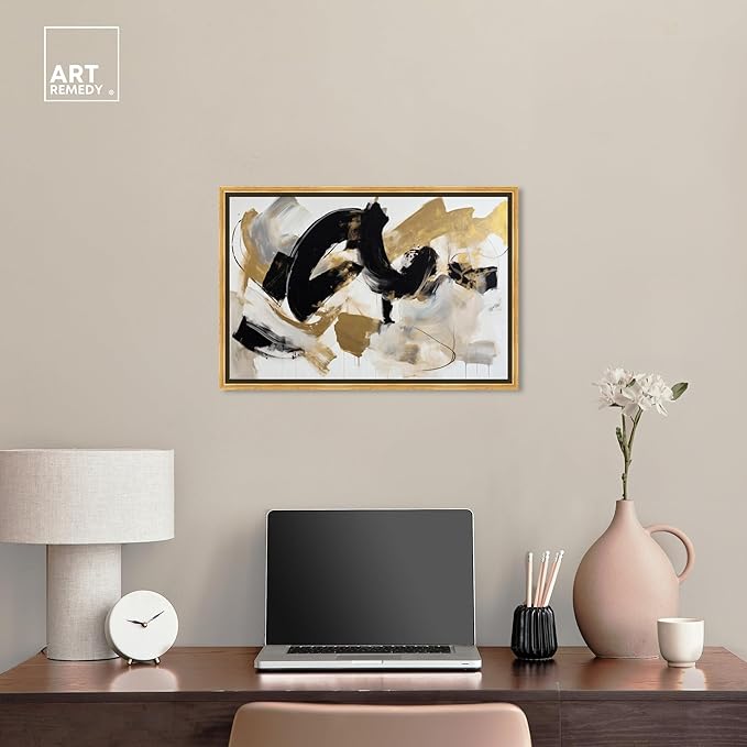 Art Remedy Moved Abstraction Canvas Modern Black White Abstract Wall Art, Gold Frame, 24" x 16"