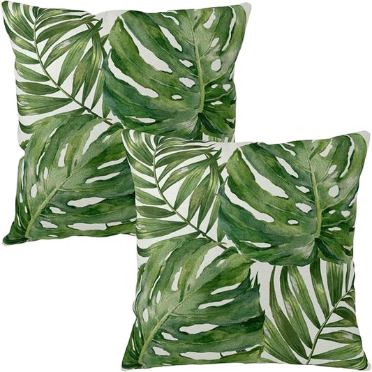 Summer Tropical Pillow Covers 18x18 Set of 2 Green Palm Leaf Decorative Throw Pillows Case Monstera Botanical Leaves Tropical Outdoor Cushion Cover for Sofa Couch Garden Home Decor