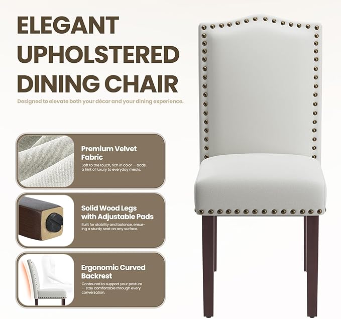 Dining Chairs Set of 4, Soft Comfortable Upholstered Parsons Chairs with High-Density Cushion & Solid Wood Legs, Classic Nailhead Trim for Dining Room, Kitchen, Living Room – Beige