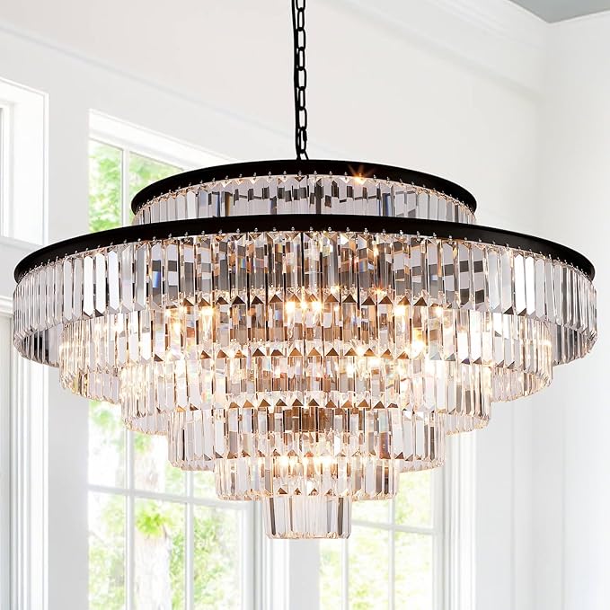 Crystal Chandelier 7-Tier Luxury Pendant Lights Fixture Hanging Adjustable for Dining Room Living Room Dia 39 Inch-Black