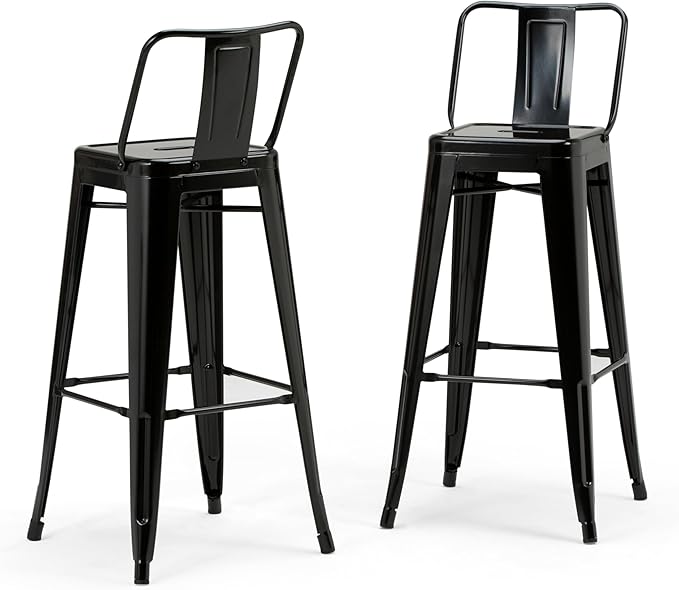 SIMPLIHOME Rayne Bar Stools (Set of 2) - 30 inch Seat Height Industrial Metal Chairs in Black, Urban-Style Seating for Kitchen or Bar with Curved Back, Under-Seat Cross Brace, and Footrest