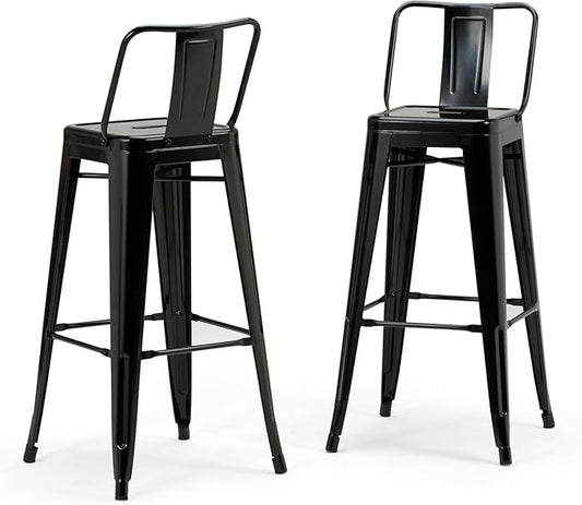 SIMPLIHOME Rayne Bar Stools (Set of 2) - 30 inch Seat Height Industrial Metal Chairs in Black, Urban-Style Seating for Kitchen or Bar with Curved Back, Under-Seat Cross Brace, and Footrest