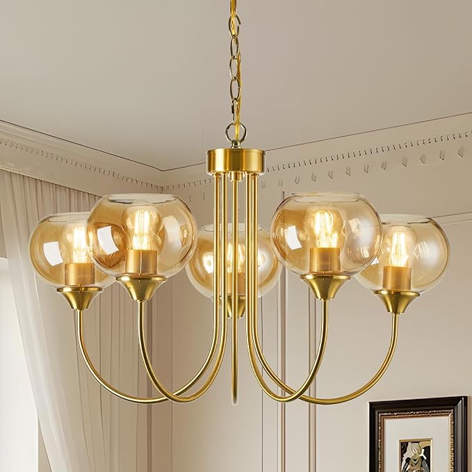 Mid Century Modern Globe Chandelier 5 Light Amber Glass Vintage Sputnik Chandeliers Gold Pendant Light Fixtures for Dining Room Kitchen Living Room Bedroom