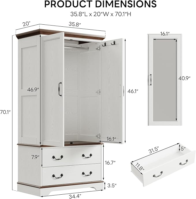LIKIMIO Armoire Wardrobe Closet with Mirror, 70.1" Wooden Clothing Storage Cabinet with 2 Doors & 2 Drawers, Modern Bedroom Freestanding Wardrobe Combination with Hanging Rod, Cherry with White