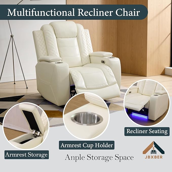 Power Recliner Sectional Sofa Set, Creamy Leather Sectional Couch and 2 Chairs for Living Room, L Shape Reclining Sofa with Cup Holder, Hidden Storage, Drop-Down Table for House(7 Seat)