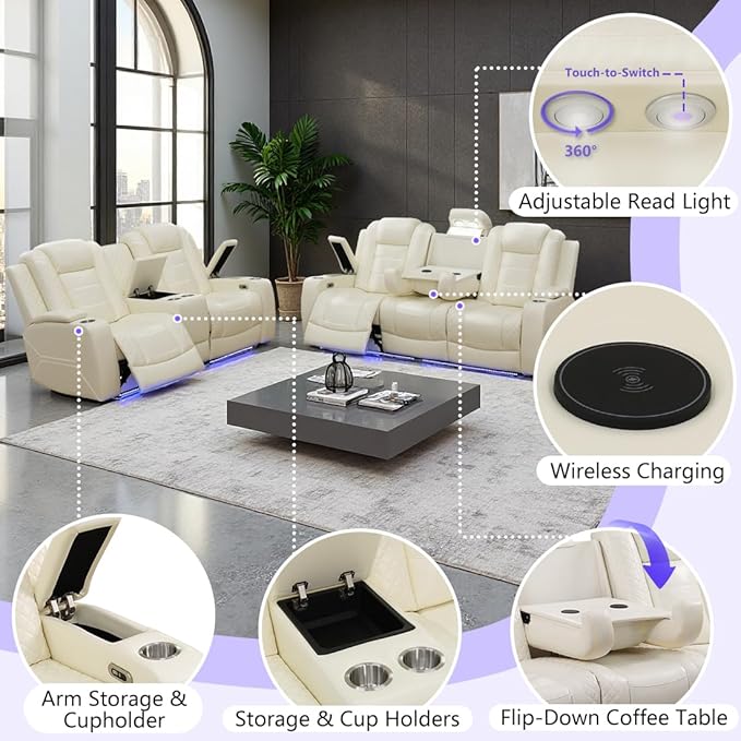 Power Recliner Sofa Set, Living Room Furniture Sets, Cream White Leather Reclining Sofa Set, Recliner Couch Loveseat and Chair with Storage/Cup Holders/Charging Port for Home Theater/Office