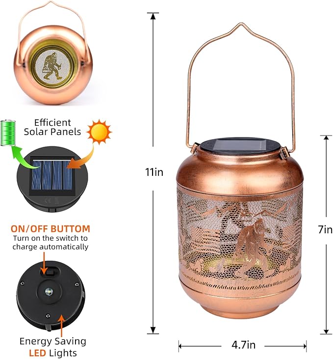 Bigfoot Solar Lanterns Outdoor Waterproof Hanging Solar Lights Big Foot Sasquatch Birthday Gifts for Women Men Metal Decoratives LED Lantern for Patio, Backyard, Porch, Yard, Lawn, Garden Decor