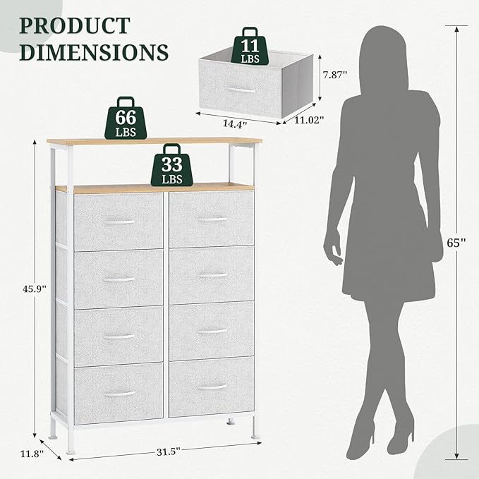 8 Drawers Dresser with Open Shelf, 46" Tall Storage Organizer Chest of Drawer with Wooden Top, Sturdy Metal Frame for Bedroom, Hallway, Living Room, Light Gray