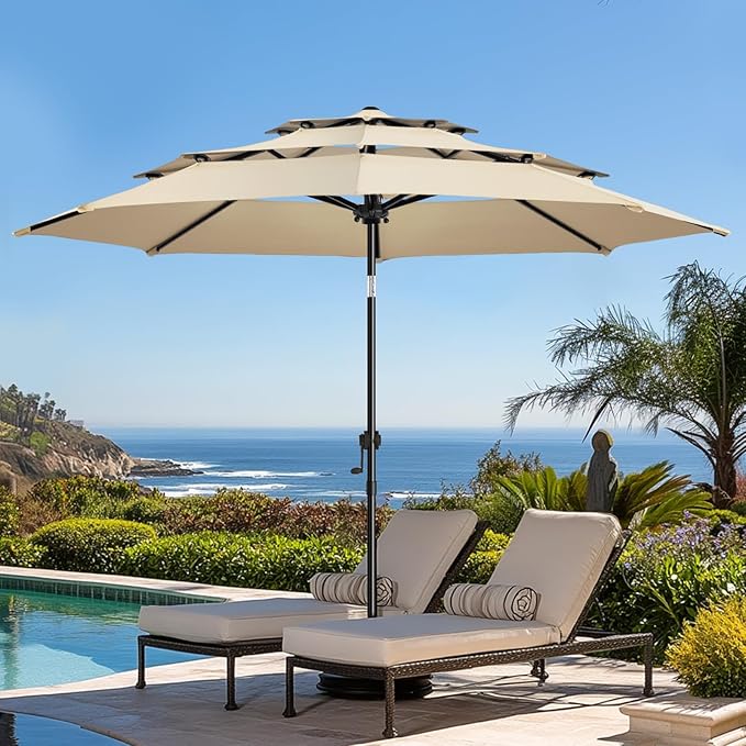 wikiwiki 9ft 3-Tier Patio Umbrella Outdoor Table Market Umbrella for Patio with Push Button Tilt/Crank, Fade Resistant Waterproof POLYESTER Canopy for Garden, Lawn, Deck, Backyard & Pool, Beige
