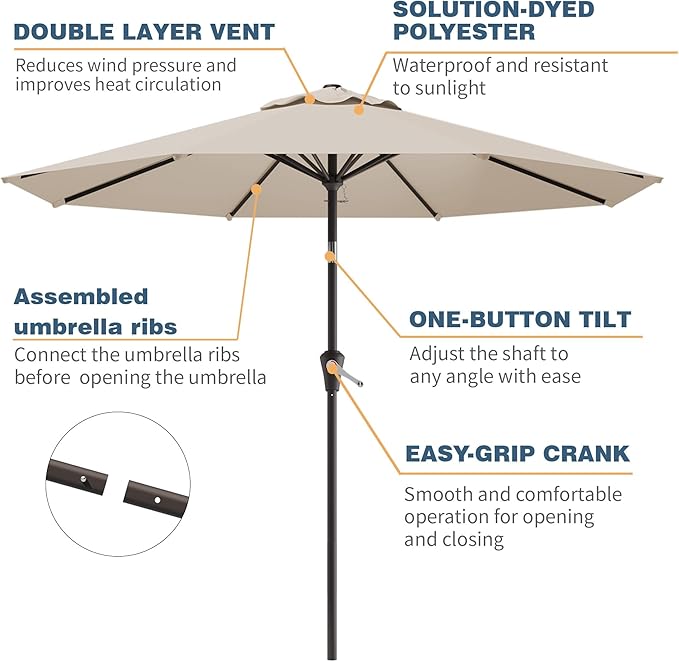 10FT Patio Umbrella, Outdoor Umbrella with Push Button Tilt and Crank, 8 Sturdy Ribs, UV Protection & Waterproof Market Umbrella for Pool, Backyard, Beach,Deck (Beige)