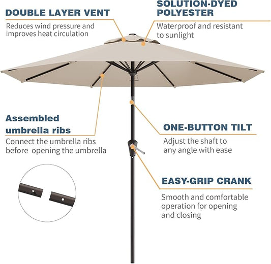 10FT Patio Umbrella, Outdoor Umbrella with Push Button Tilt and Crank, 8 Sturdy Ribs, UV Protection & Waterproof Market Umbrella for Pool, Backyard, Beach,Deck (Beige)
