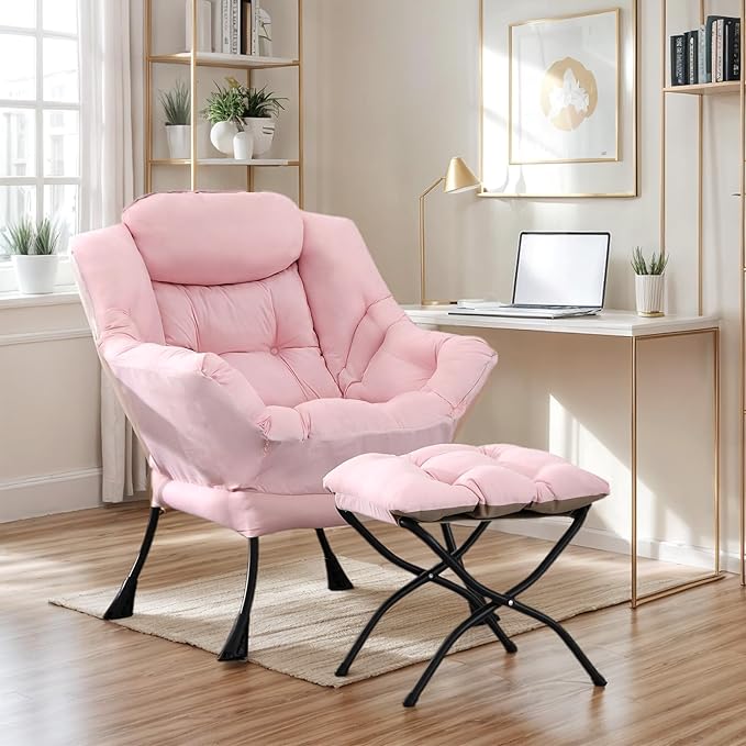 Lazy Chair with Ottoman, Large Pink Accent Chair with Ottoman, Comfy Reading Armchair, Leisure Sofa Chair for Living Room, Bedroom, Dorm Room, Office