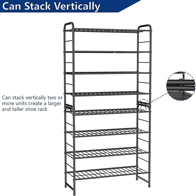 REGILLER 4-Tier Stackable Shoe Rack, Expandable & Adjustable Shoe Organizer Storage Shelf, High Capacity, Wire Grid, Black